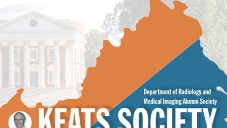 UVA Radiology's Keats Society Logo with blue and orange shape of Virginia and the Rotunda in background
